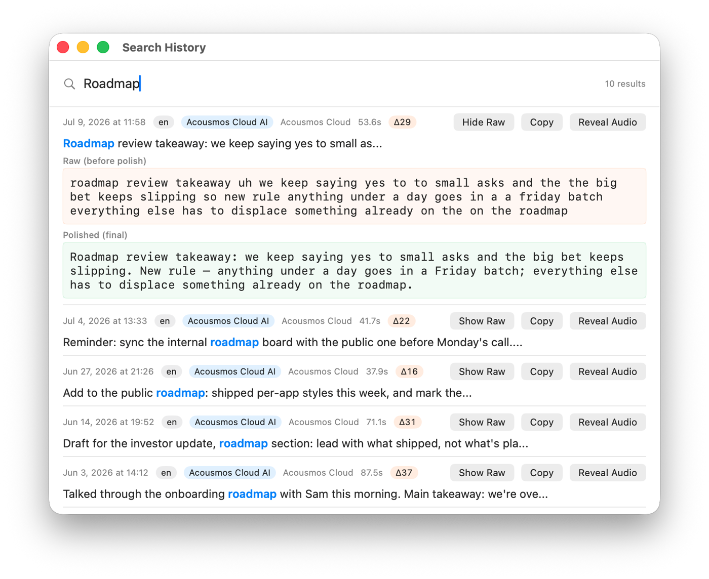 The Acousmos archive: full-text search across dictations, with raw vs. polished comparison